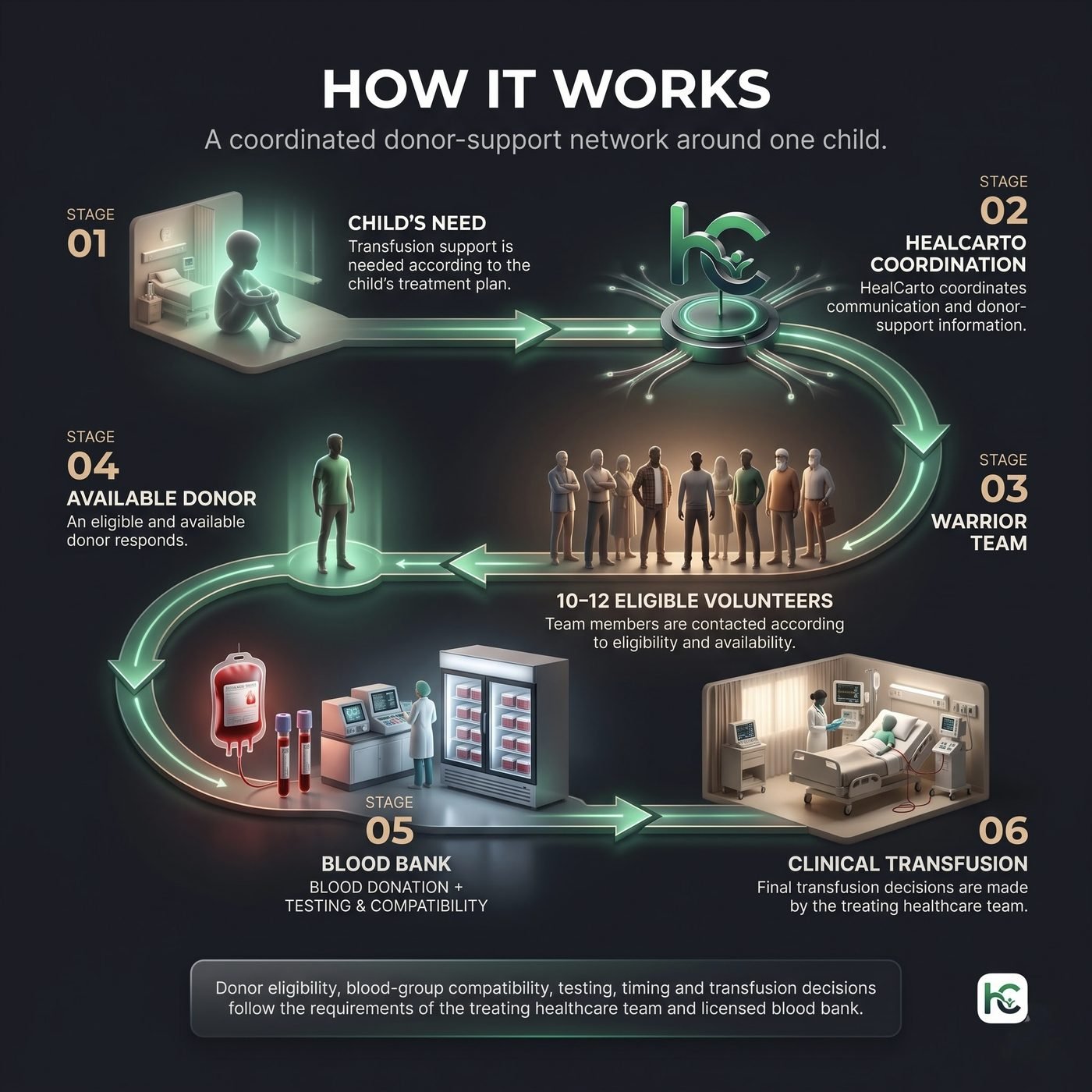 Seven-stage process infographic showing how a child's transfusion need moves through HealCarto coordination, the Warrior team, donation, blood-bank testing and clinical transfusion