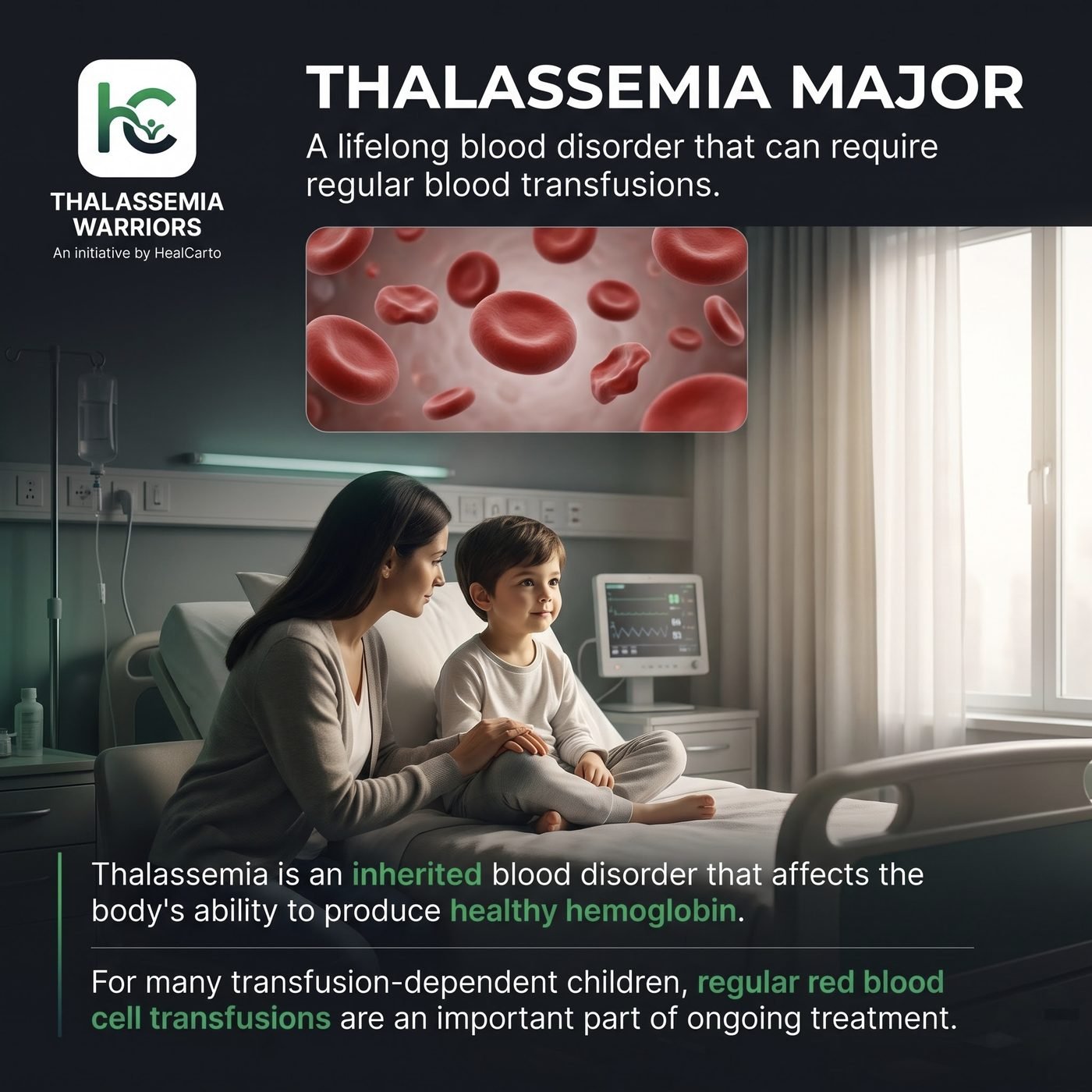 A mother sitting beside her child in a hospital room, with a stylized visual of healthy versus affected red blood cells above them