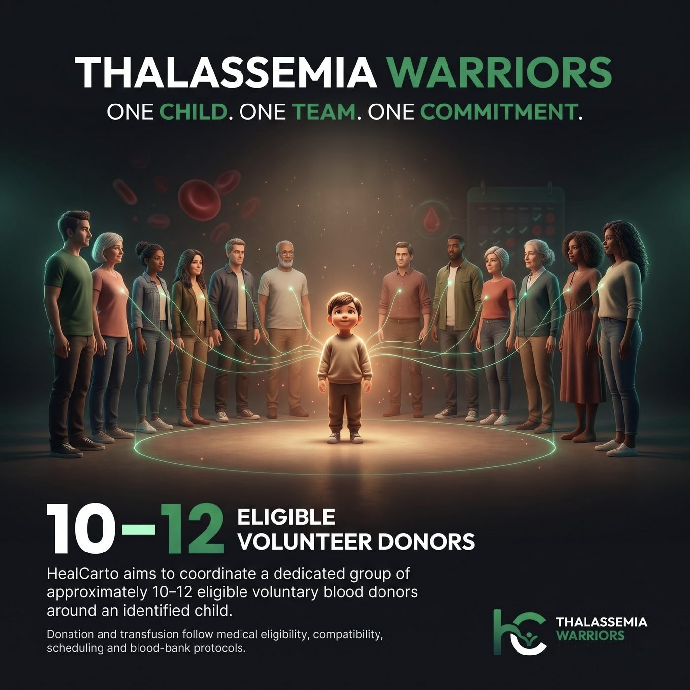 A child standing at the center of a circle of 10 to 12 volunteer donors, each connected by a glowing line, representing the Warrior team